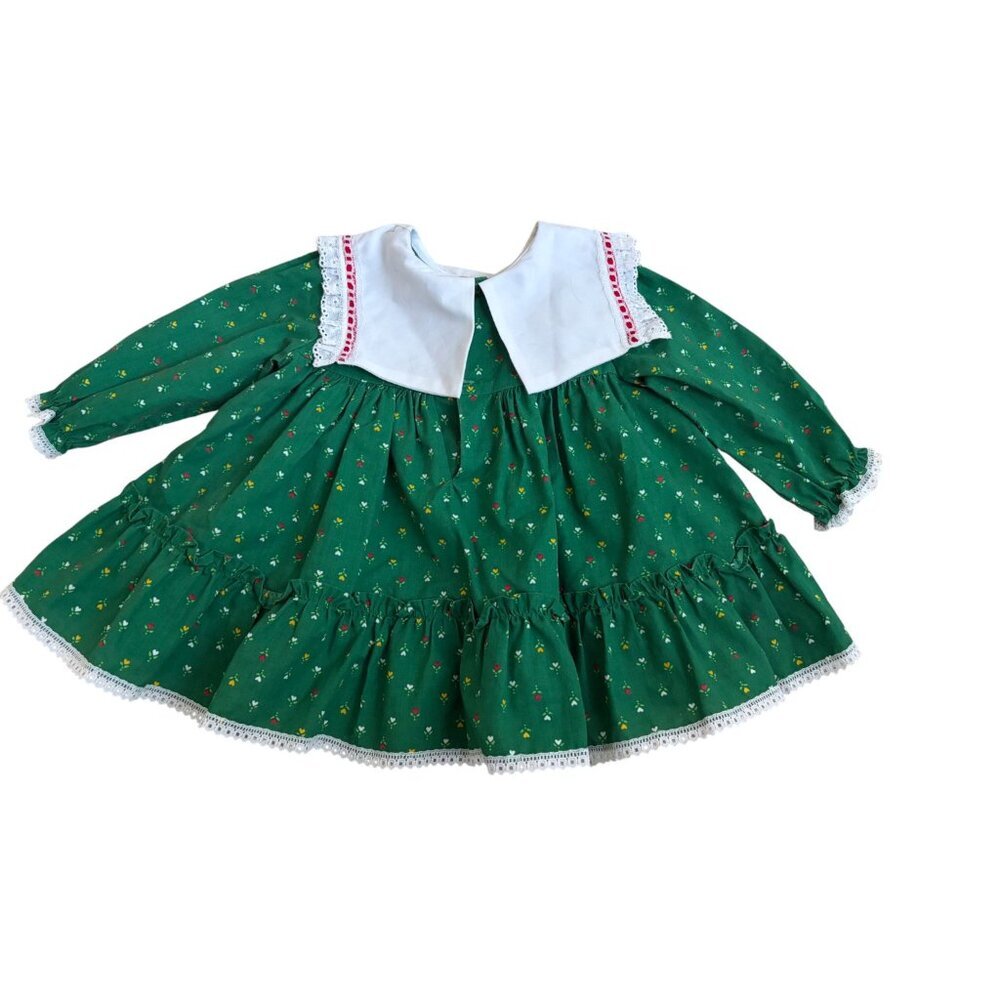 1980's Vintage Green Dainty Floral Dress with Lace and Ruffle Holiday 12 months - Picture 3 of 4